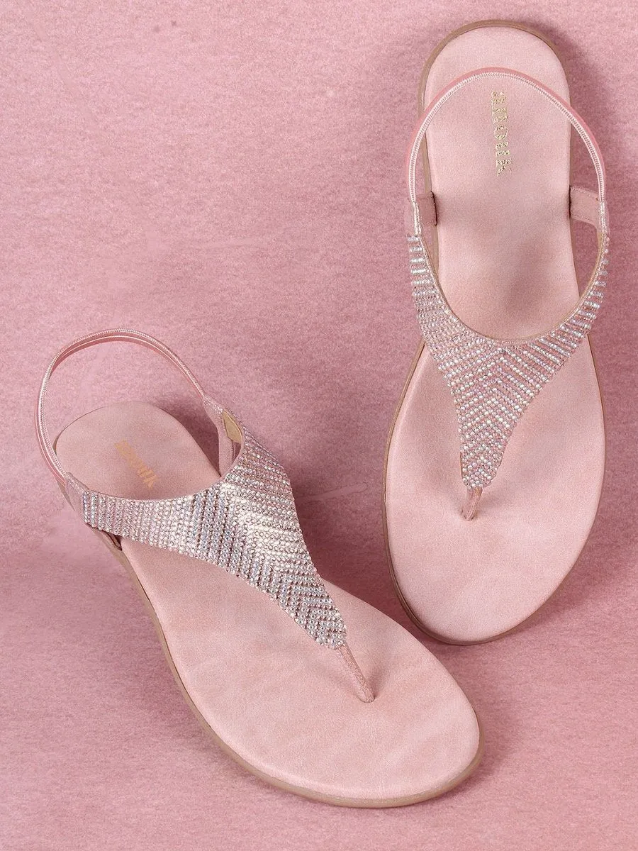 Anouk Rose Gold-Toned Embellished Open Toe Flats