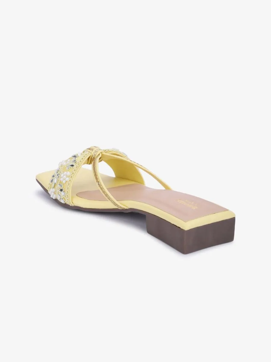Anouk Yellow Ethnic Embellished Open Toe Flats
