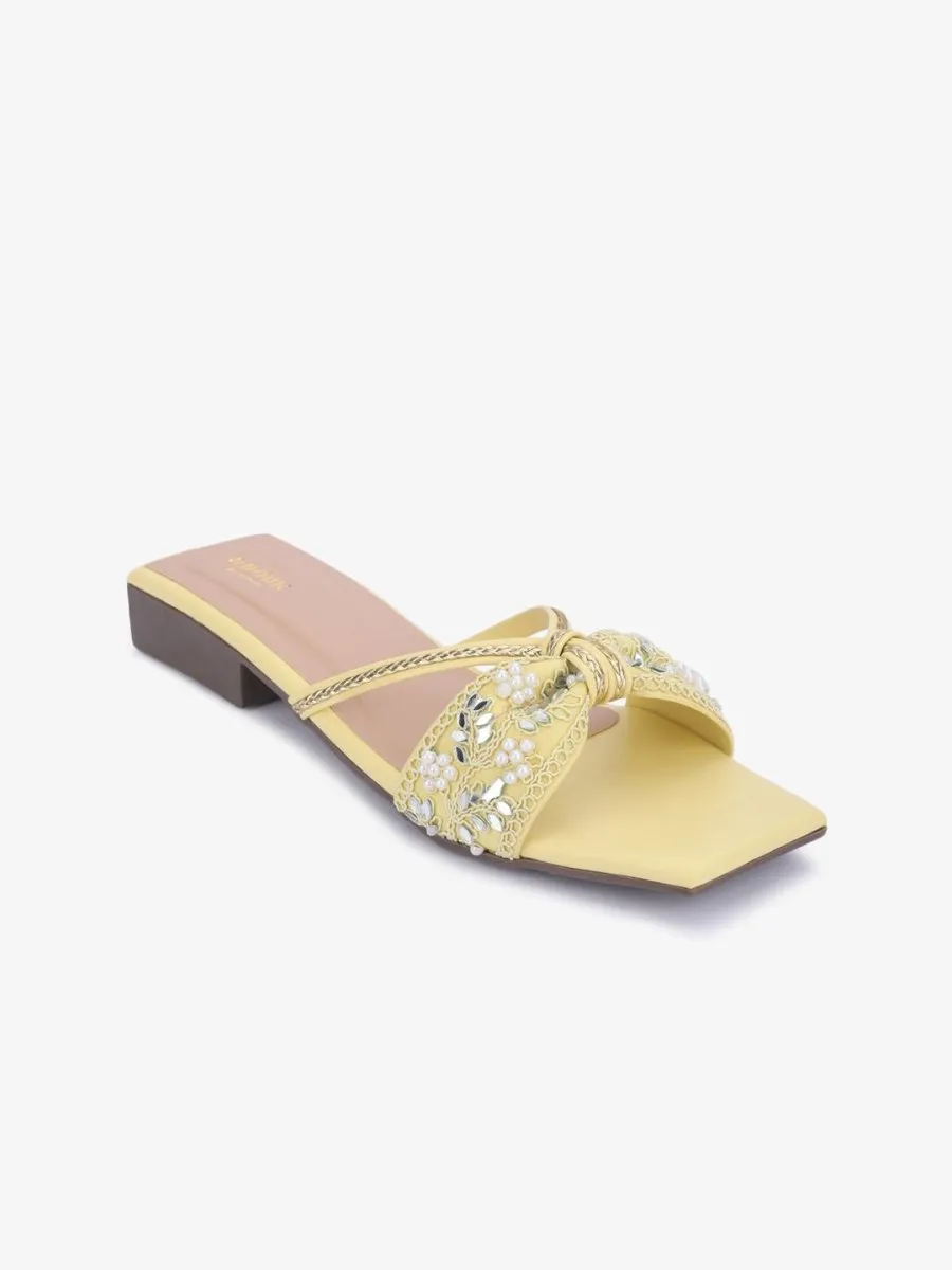 Anouk Yellow Ethnic Embellished Open Toe Flats