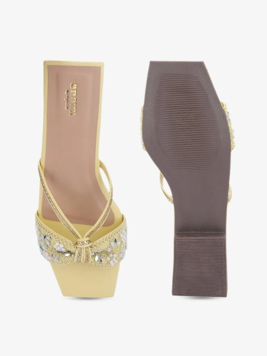 Anouk Yellow Ethnic Embellished Open Toe Flats