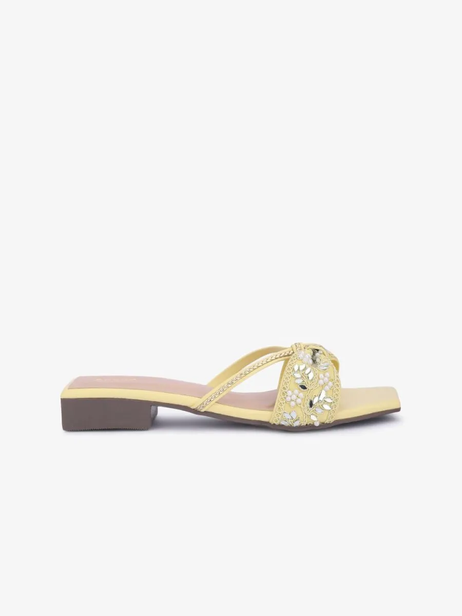Anouk Yellow Ethnic Embellished Open Toe Flats