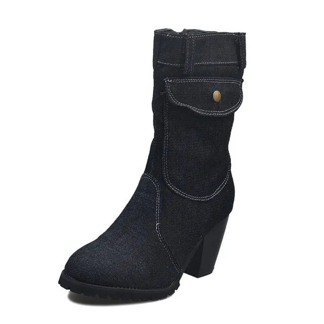 Blue jeans Women Mid-rise Rome Solid Slip-On Chunky Med Heels Boots