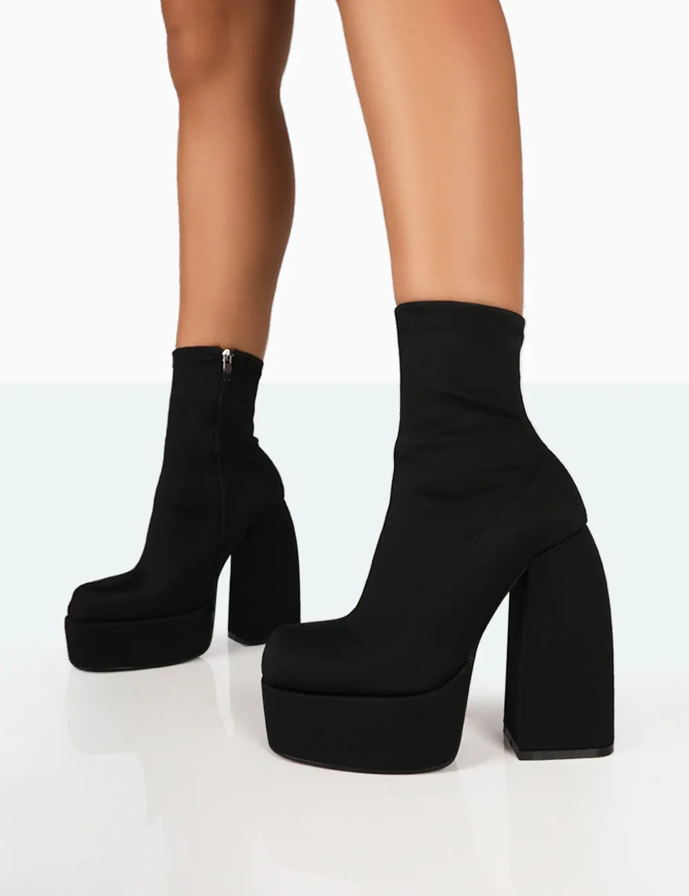 Charlie Black Nylon Platform Rounded Toe Block Heeled Ankle Boots