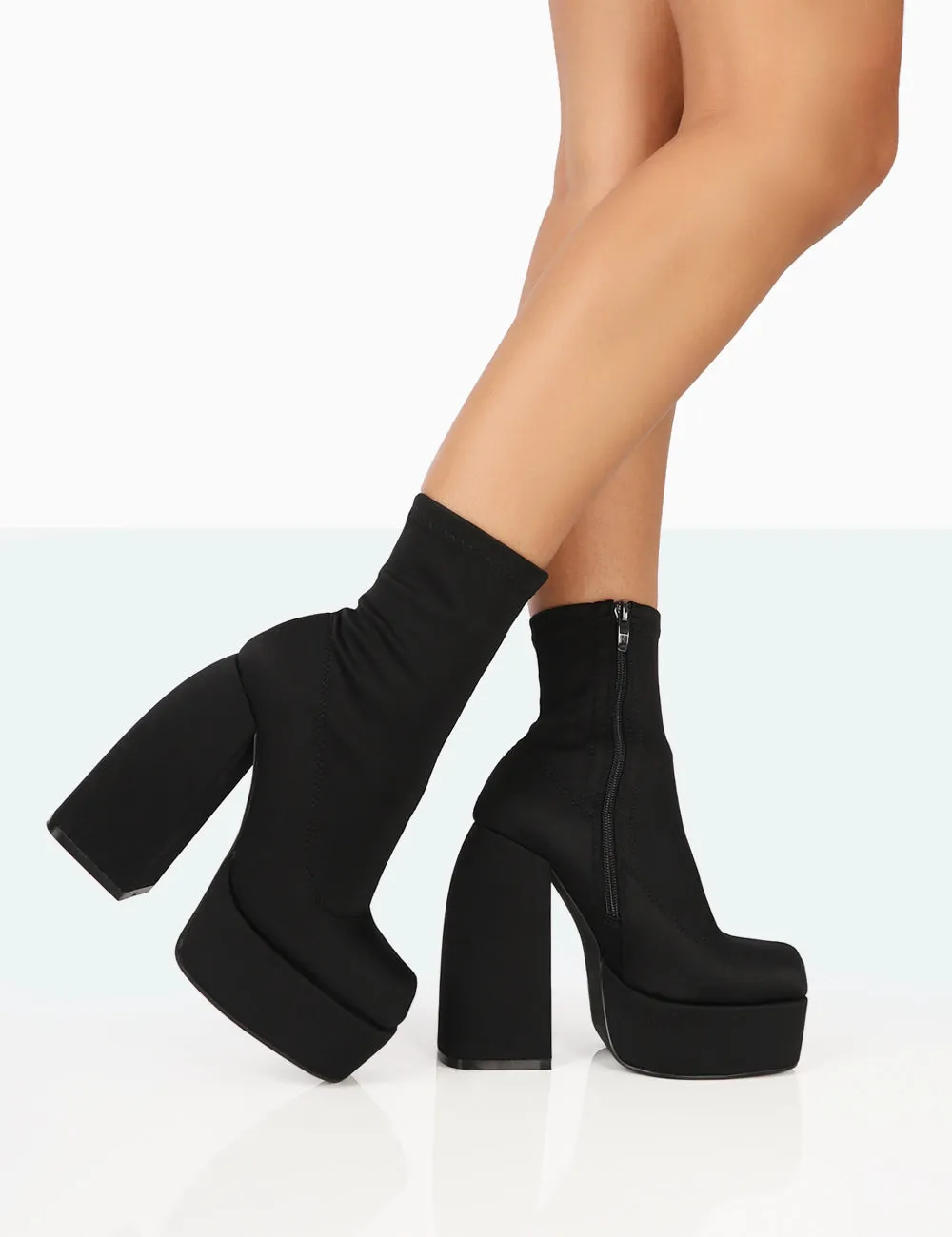 Charlie Black Nylon Platform Rounded Toe Block Heeled Ankle Boots