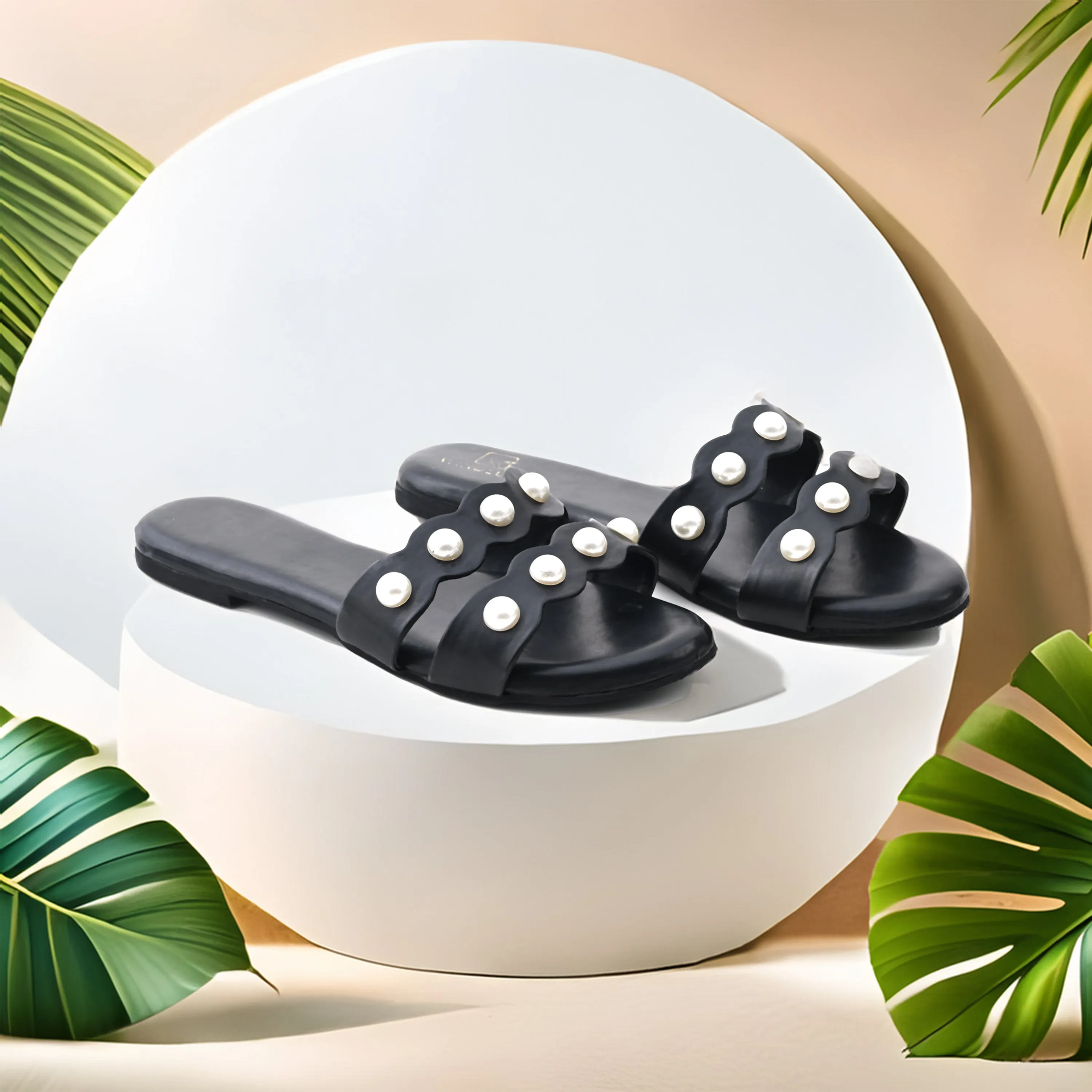Dual Strap Pearl Flats - Jet Black