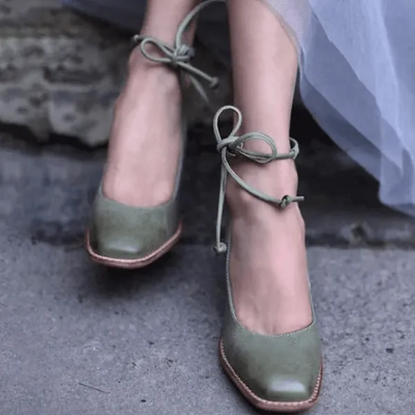 Lace Up Square Toe Leather Flats