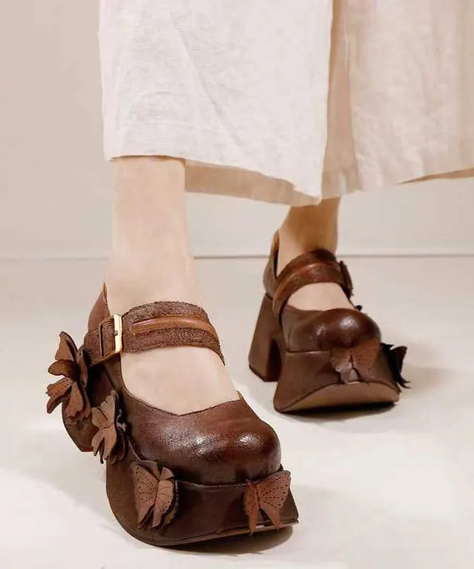 Retro Grey Butterfly Splicing Buckle Strap Platform Heels F4154