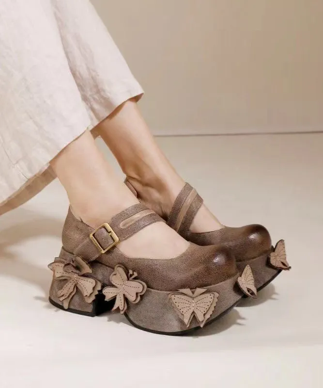 Retro Grey Butterfly Splicing Buckle Strap Platform Heels F4154