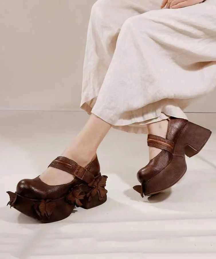 Retro Grey Butterfly Splicing Buckle Strap Platform Heels F4154