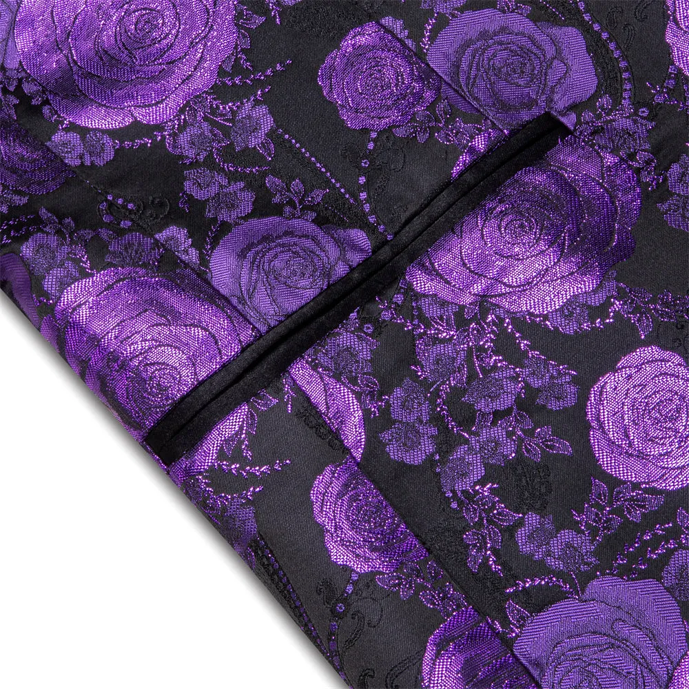 Ties2you Casual Suit Shawl Collar  Black Purple Floral Silk Slim Fit Suit For Men