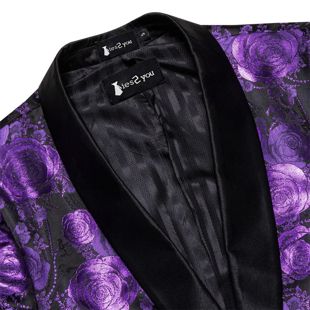 Ties2you Casual Suit Shawl Collar  Black Purple Floral Silk Slim Fit Suit For Men