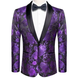 Ties2you Casual Suit Shawl Collar  Black Purple Floral Silk Slim Fit Suit For Men