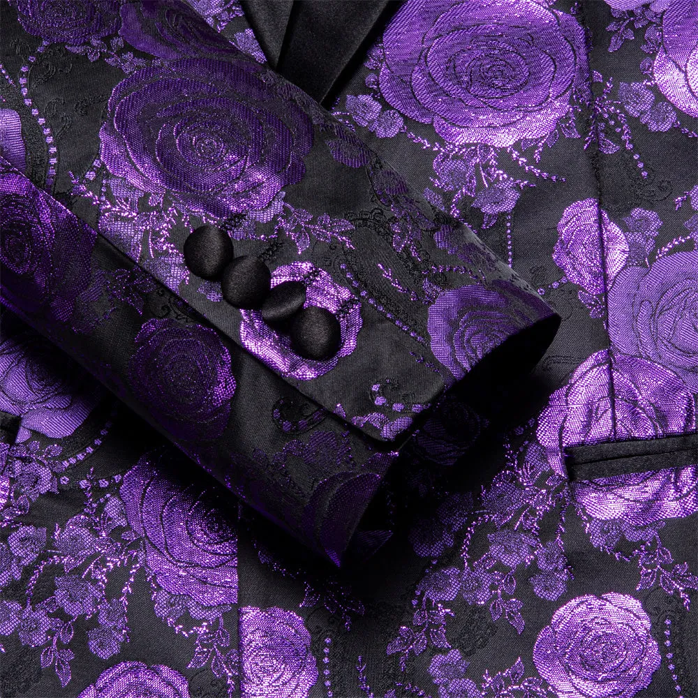 Ties2you Casual Suit Shawl Collar  Black Purple Floral Silk Slim Fit Suit For Men