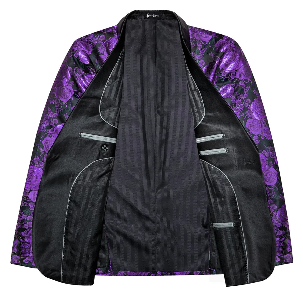Ties2you Casual Suit Shawl Collar  Black Purple Floral Silk Slim Fit Suit For Men