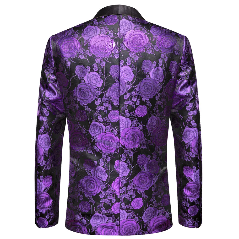 Ties2you Casual Suit Shawl Collar  Black Purple Floral Silk Slim Fit Suit For Men