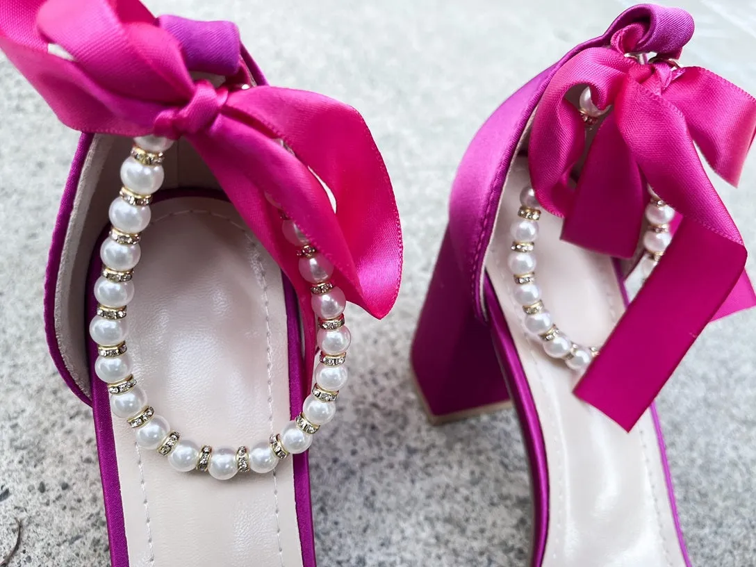 Trish Pearl Ankle Strap Satin Heels in Hot Pink