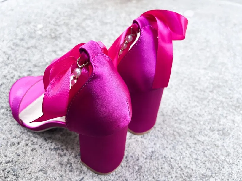 Trish Pearl Ankle Strap Satin Heels in Hot Pink