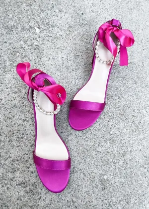 Trish Pearl Ankle Strap Satin Heels in Hot Pink
