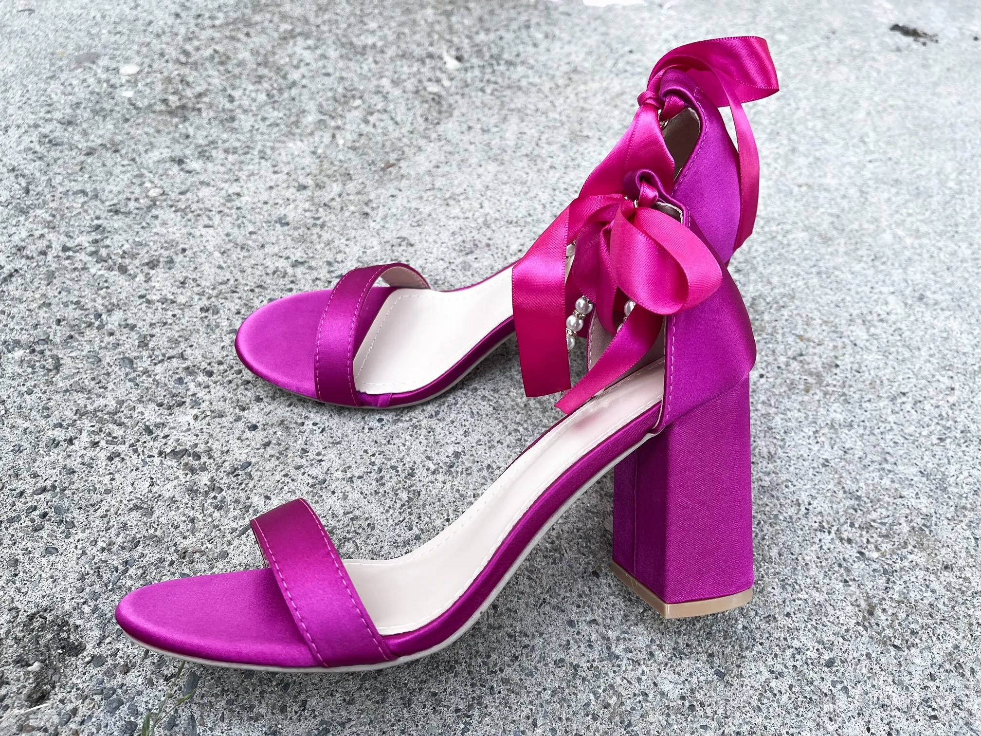Trish Pearl Ankle Strap Satin Heels in Hot Pink
