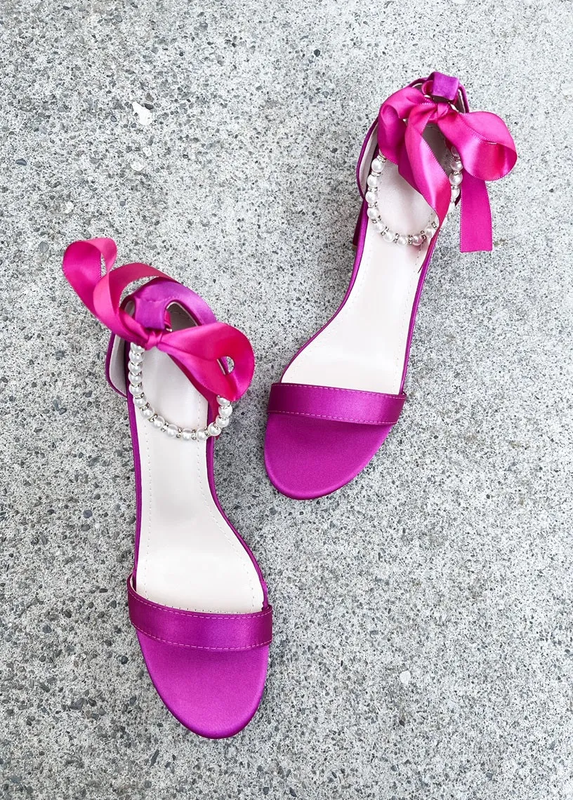 Trish Pearl Ankle Strap Satin Heels in Hot Pink