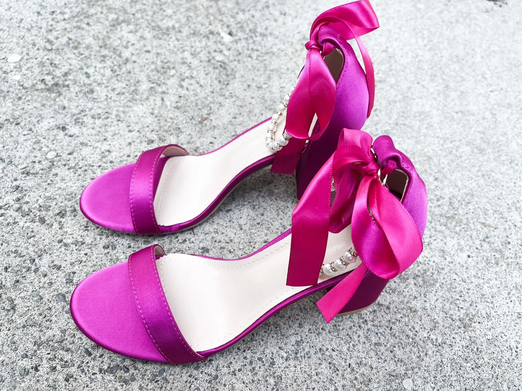 Trish Pearl Ankle Strap Satin Heels in Hot Pink
